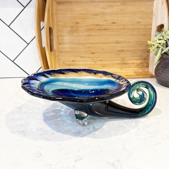 Vintage CORNUCOPIA cobalt Blue Hand Blown glass Unbranded mid century vase - Picture 1 of 10